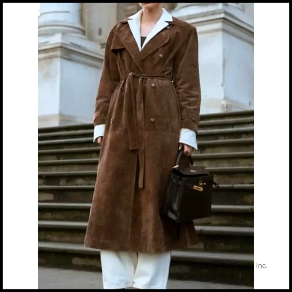 Faux Suede Trench Coat Double Breasted Pea Coat with Belt - Picture 2 of 6